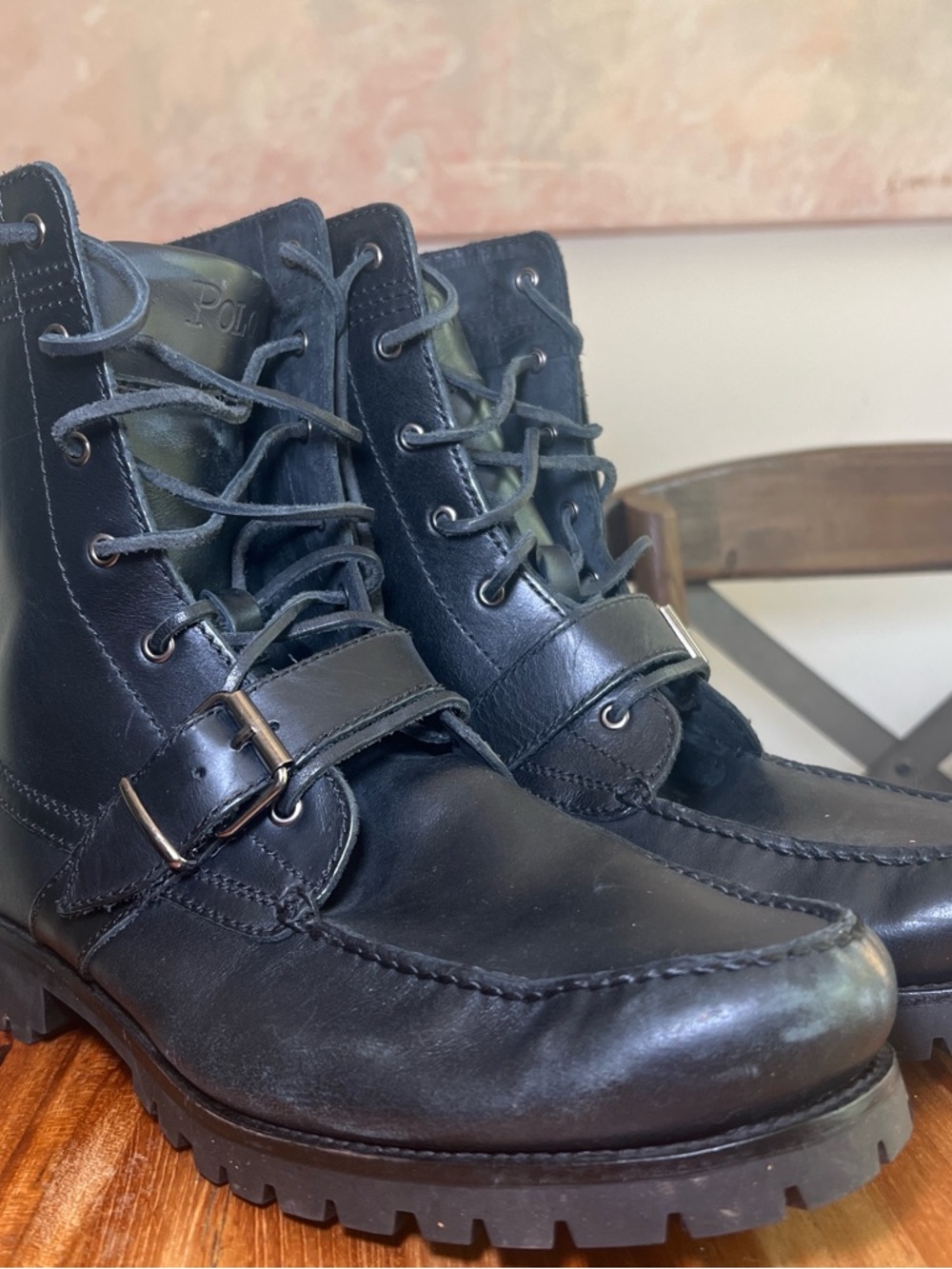 Polo by Ralph Lauren Black Leather Lug-Soled Lace-Up Boots with Buckle